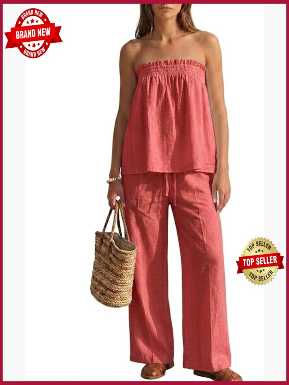Womens Tube Top Wide Leg Pants Matching Lounge Set Sleeveless Summer Travel